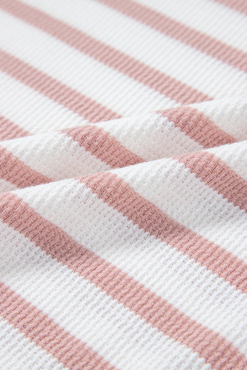 Pink Stripe Waffle Knit Pocketed Half Sleeve Plus Size T Shirt